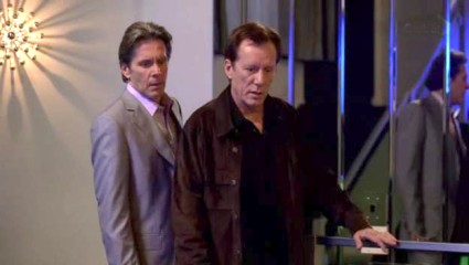 Gary Cole and James Woods contemplate a dead girl in Shark